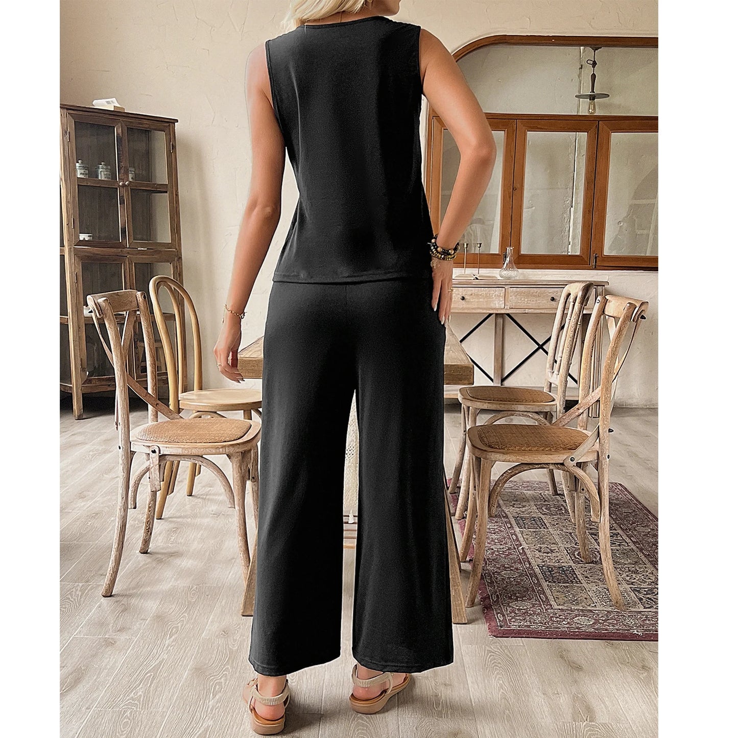 Women's Two-Piece Lounge Set Summer Beach Suit Vacation Travel Going Out Outfit Sleeveless Tank Vest Top High Waist Wide Leg Pants Sexy Leisure Set Black