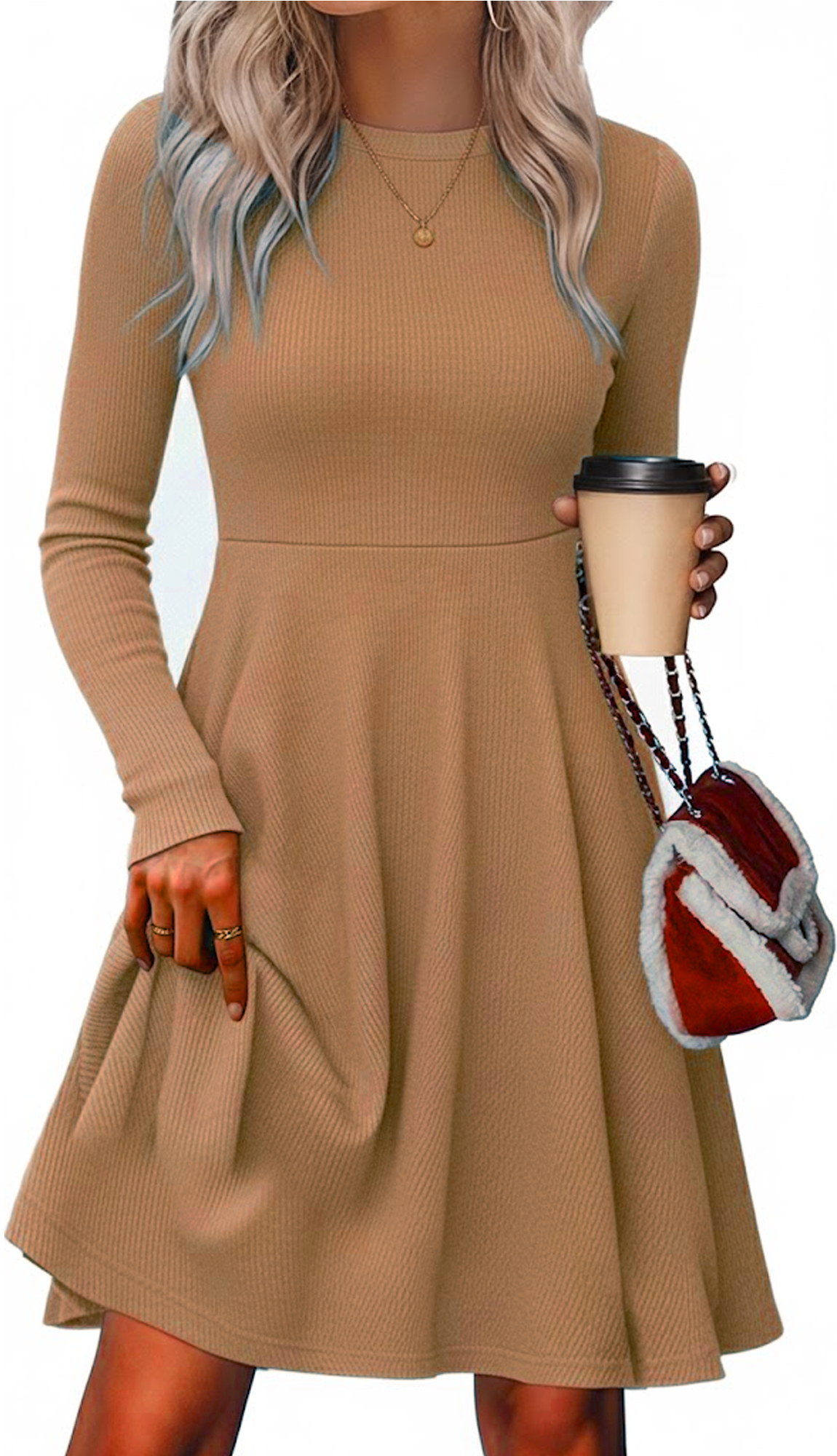 MLDRA Dress for Women Casual Long Sleeve Ribbed Knit A-Line Flowy Fall Winter Sweater Dress, Crewneck Elegant Going Out Dresses for Women 2025