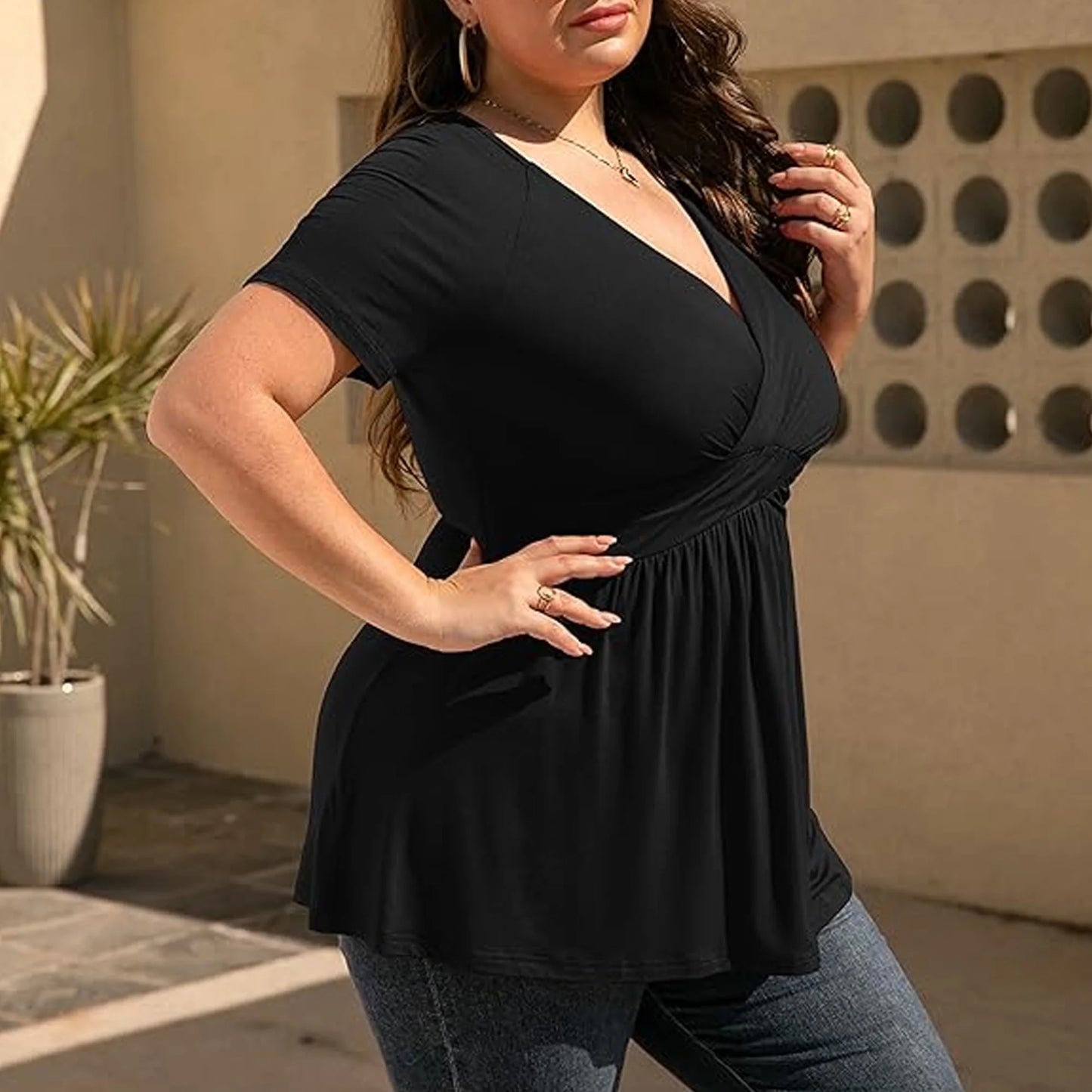 2025 Women's Plus Size Tops V Neck Short Sleeve Plus Size Tunic Tops for Women Dressy Wrap Shirts
