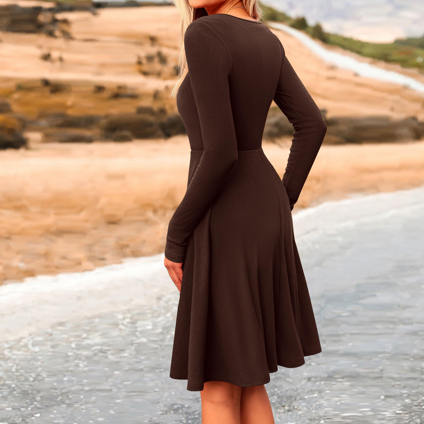 MLDRA Dress for Women Casual Long Sleeve Ribbed Knit A-Line Flowy Fall Winter Sweater Dress, Crewneck Elegant Going Out Dresses for Women 2025