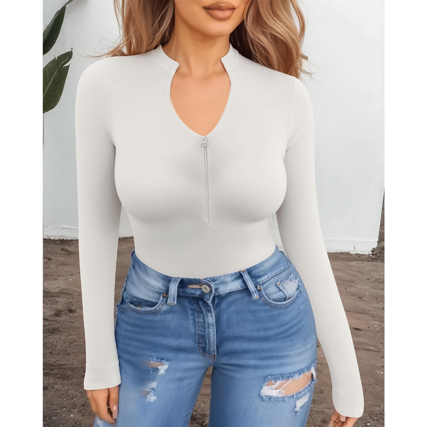 Body Suit Tummy Control Bodysuit Deep V Neck Zip Up Long Sleeve Tops Black Bodysuits for Women Black
