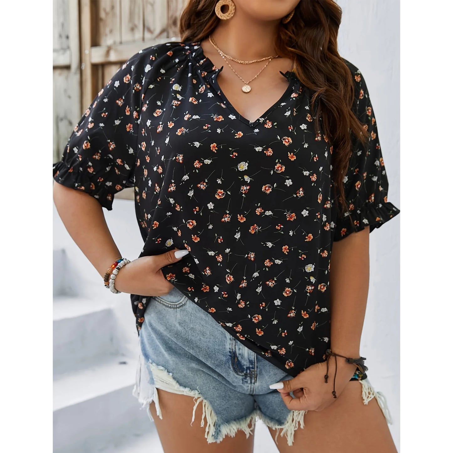 2025 Women's Plus Size Top Flower Printed V Neck Short Sleeve Casual Plus Size Tops for Women