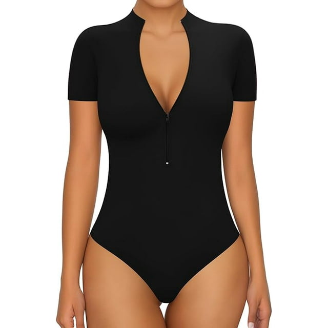 Body Suit Tummy Control Bodysuit Deep V Neck Zip Up Short Sleeve Tops Black Bodysuits for Women Black