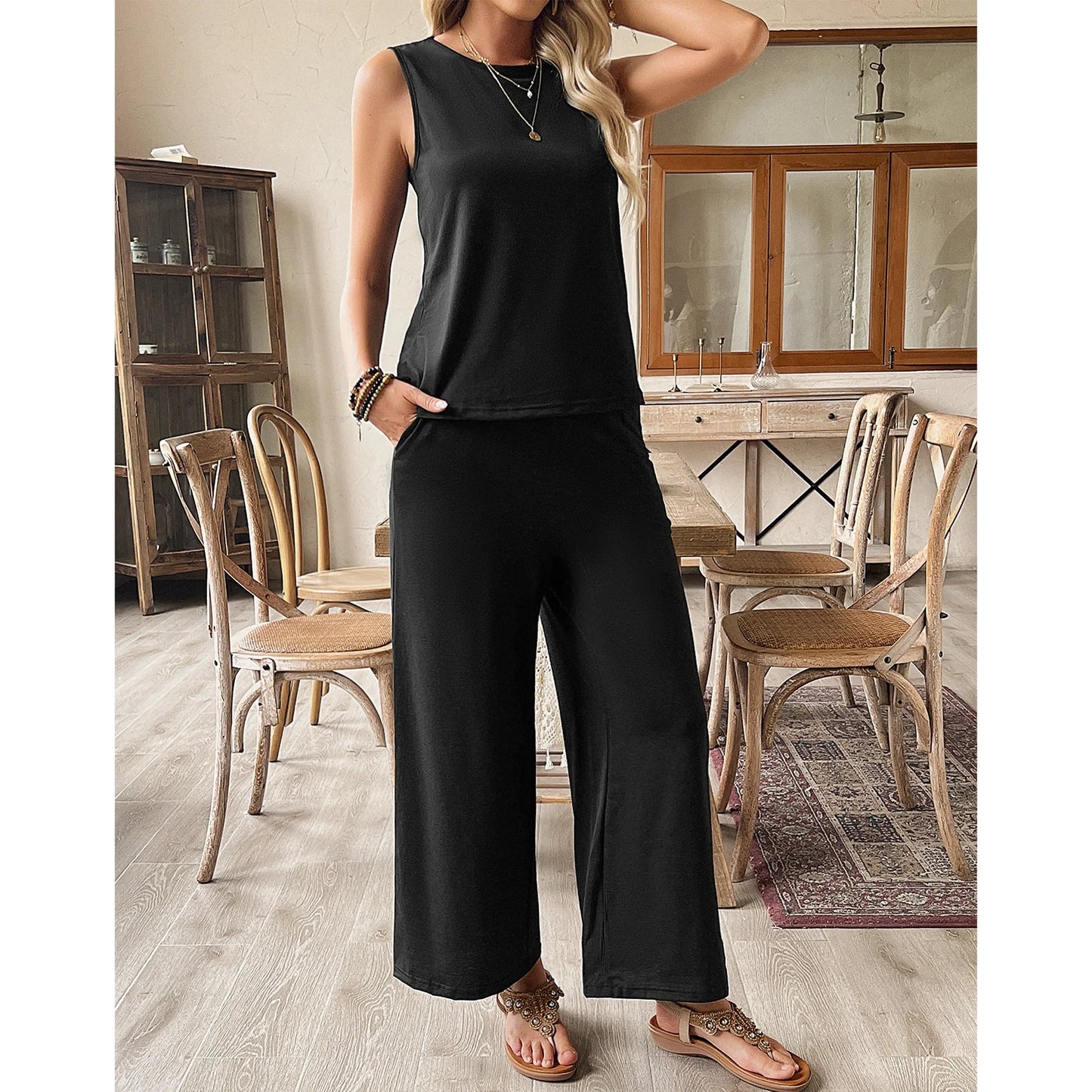 Women's Two-Piece Lounge Set Summer Beach Suit Vacation Travel Going Out Outfit Sleeveless Tank Vest Top High Waist Wide Leg Pants Sexy Leisure Set Black