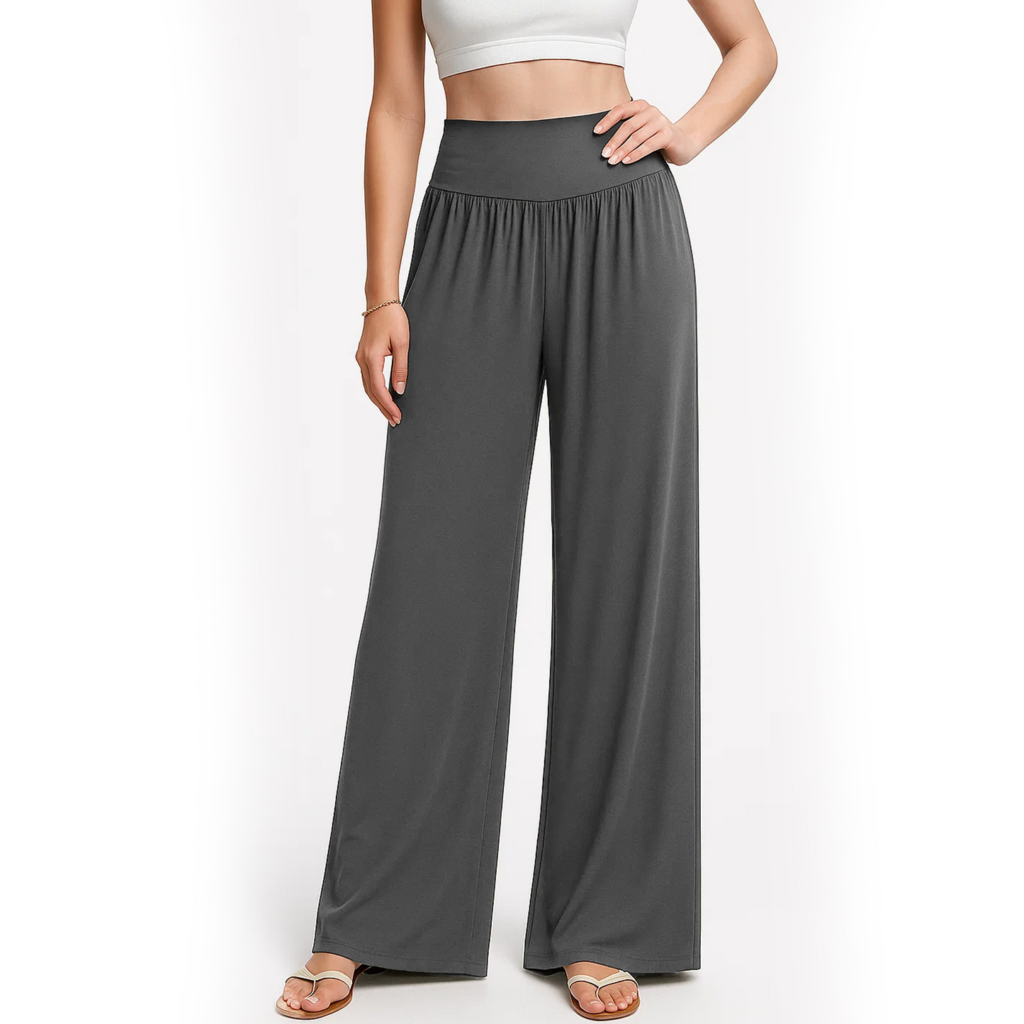 MLDRA Wide Leg Pants Women Flowy Dressy Cotton Casual Womens Pants Elastic High Waist Palazzo Pant for Women with Pockets