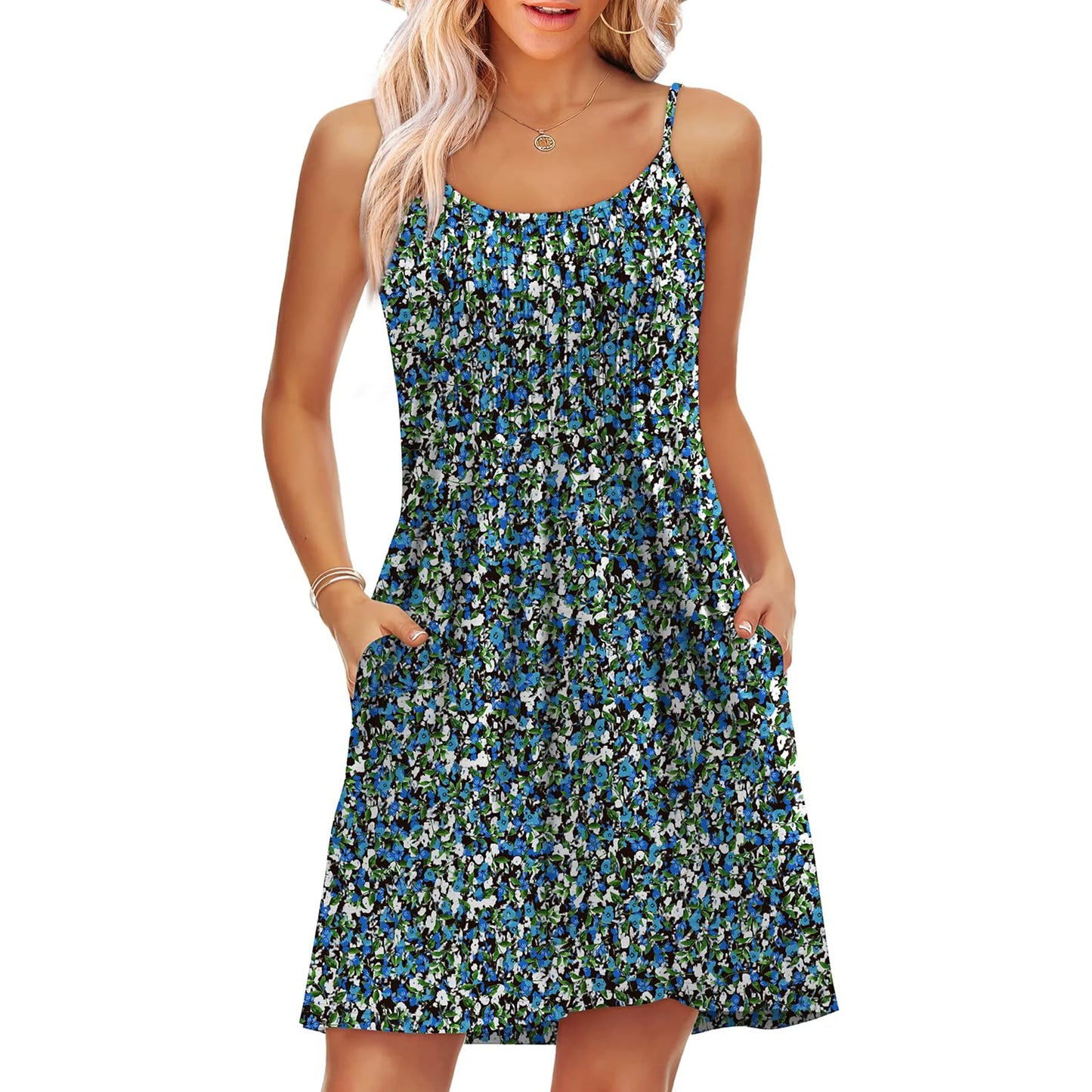MLDRA Boho Dresses for Women Summer Casual Sleeveless Floral Spaghetti Strap Mini Dress for Beach Vacation Holiday Party, Green