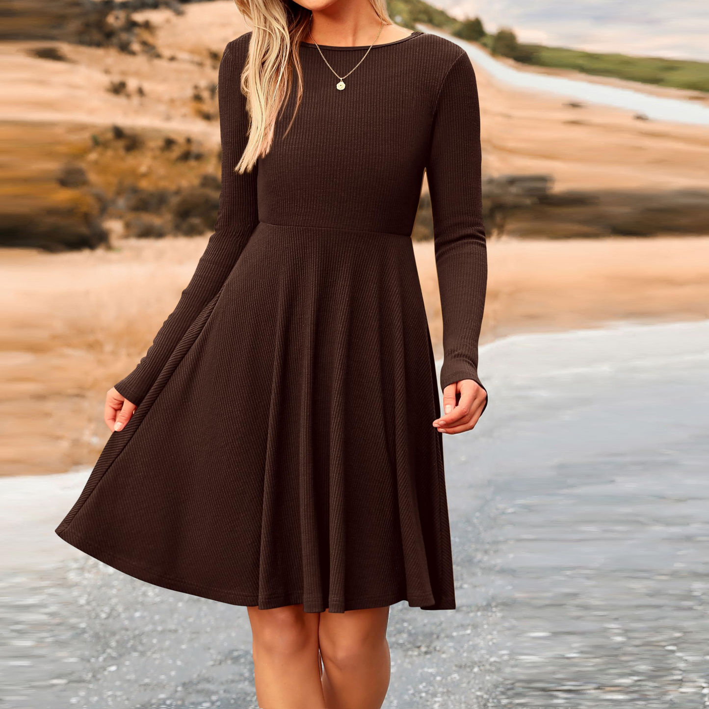 MLDRA Dress for Women Casual Long Sleeve Ribbed Knit A-Line Flowy Fall Winter Sweater Dress, Crewneck Elegant Going Out Dresses for Women 2025