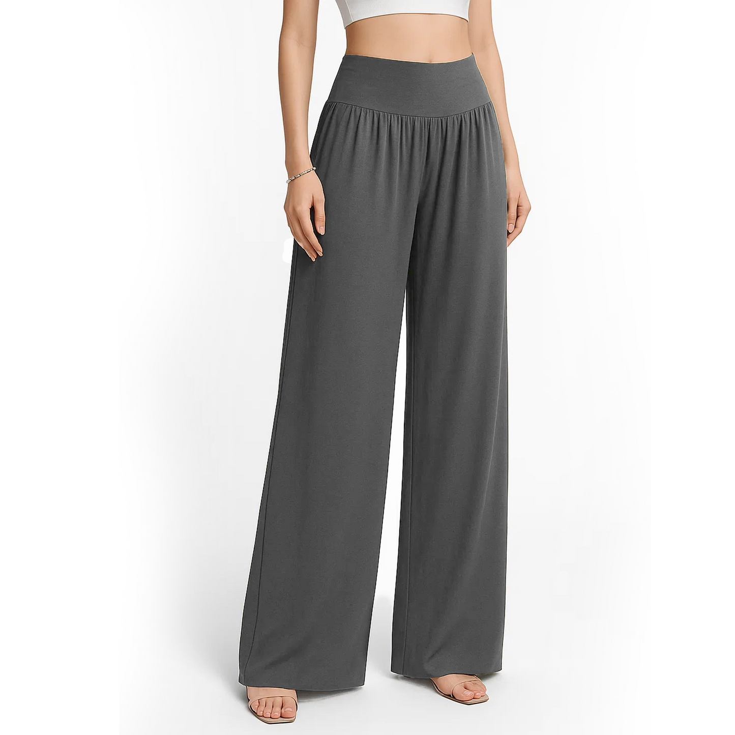 MLDRA Wide Leg Pants Women Flowy Dressy Cotton Casual Womens Pants Elastic High Waist Palazzo Pant for Women with Pockets