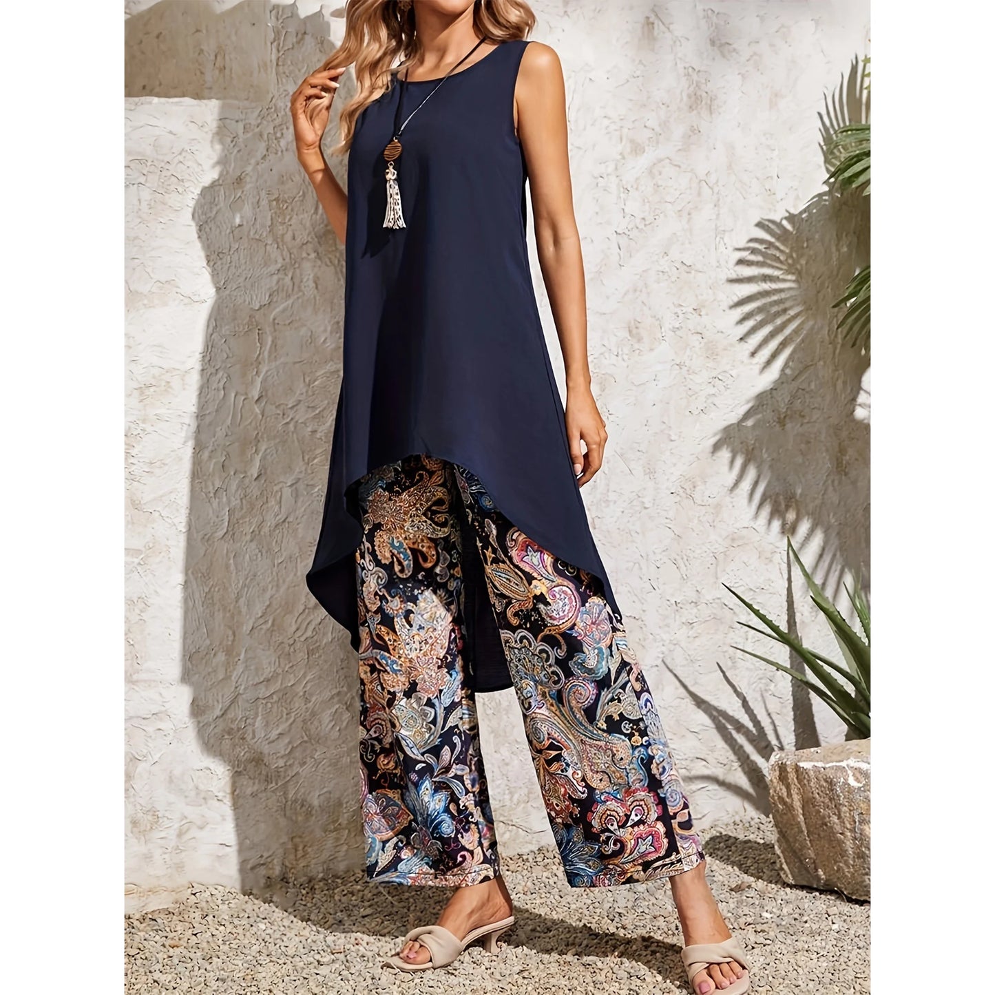 Women's Lounge Set 2 Piece Bohemian Outfit Sleeveless Tank Top High-Waisted Wide Leg Pants Leisure BeachSuit Loungewear Summer