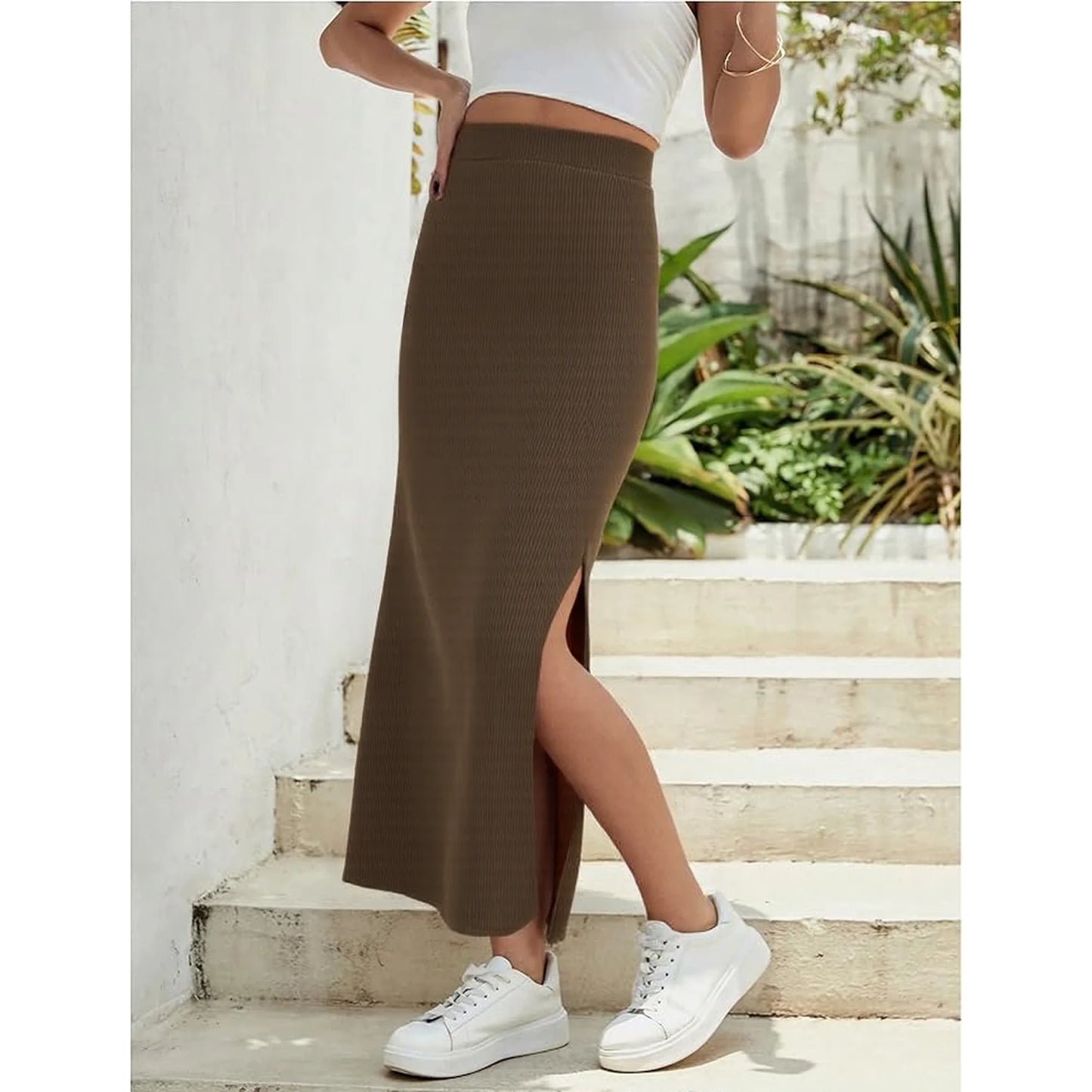 SOMER Skirts For Women Split Ribbed Knit Bodycon Skirt Waisted Side Slit Pencil Long Maxi Skirts