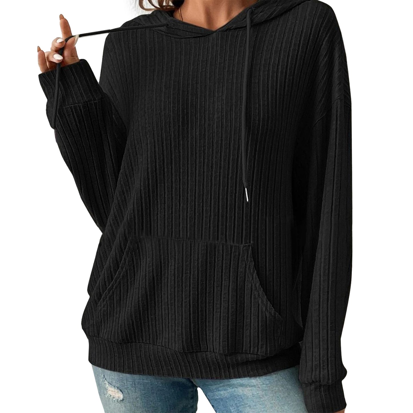 MLDRA Womens Hoodies Knit Sweatshirt Pit Stripe Pocket Drawstring Long Sleeve Pullover Outerwear Top