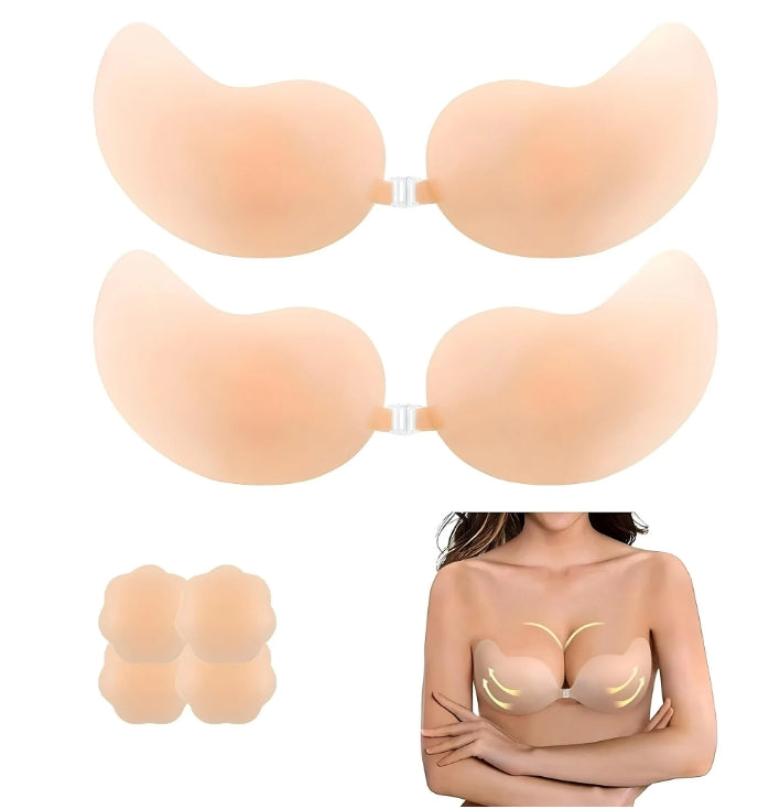 MLDRA 2 Pairs Sticky Bra Push Up Backless Bra Ultra Thin Adhesive Bra with Nipple Covers, Reusable Strapless Bras for Women, Invisible Silicone Bra
