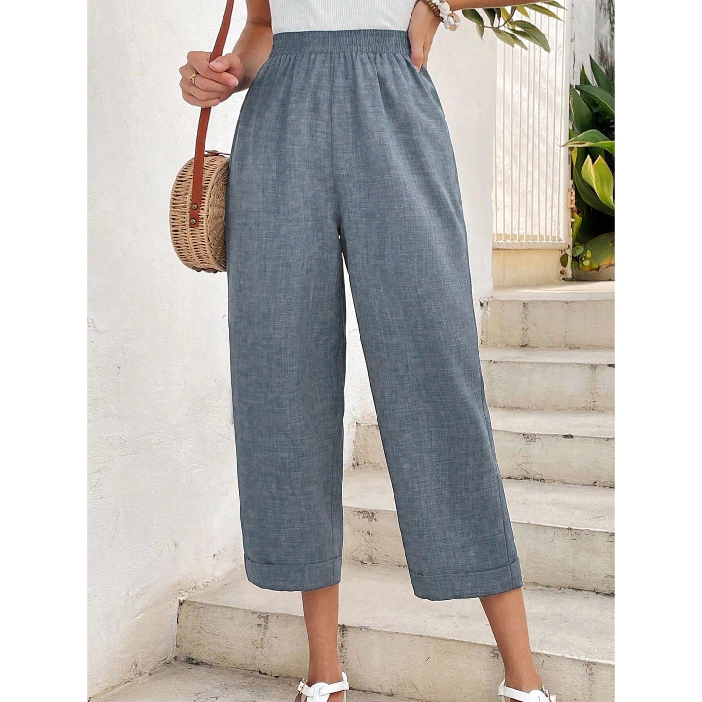 MLDRA Womens Capri Linen Cropped Pants Loose Fit Wide Leg Yoga Casual Elastic Waist Trousers with Pockets Blue