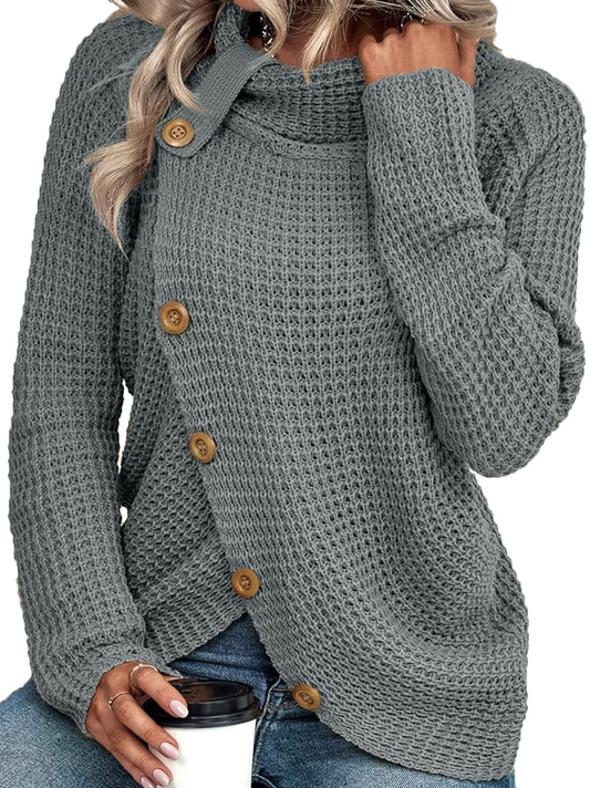 Womens Sweater Knit Waffle Slant Button Up Cowl Neck Irregular Hem Chunky Pullover Knitwear Tops