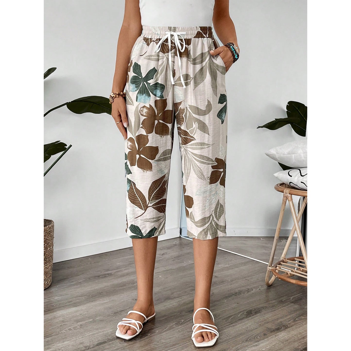 MLDRA Womens Capri Pants Loose High Waisted Wide Leg Lounge Pants Drawstring Casual Palazzo Trousers with Pockets