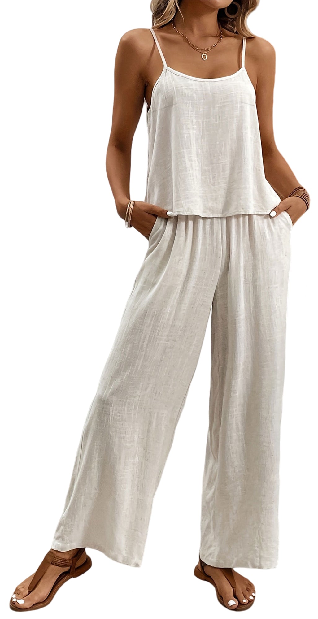 Women's Two-Piece Lounge Set Summer Travel Beach Vacation Suits Solid Sleeveless Cami Top High Waist Wide Leg Pants Casual Leisure Suit Outfit Beige