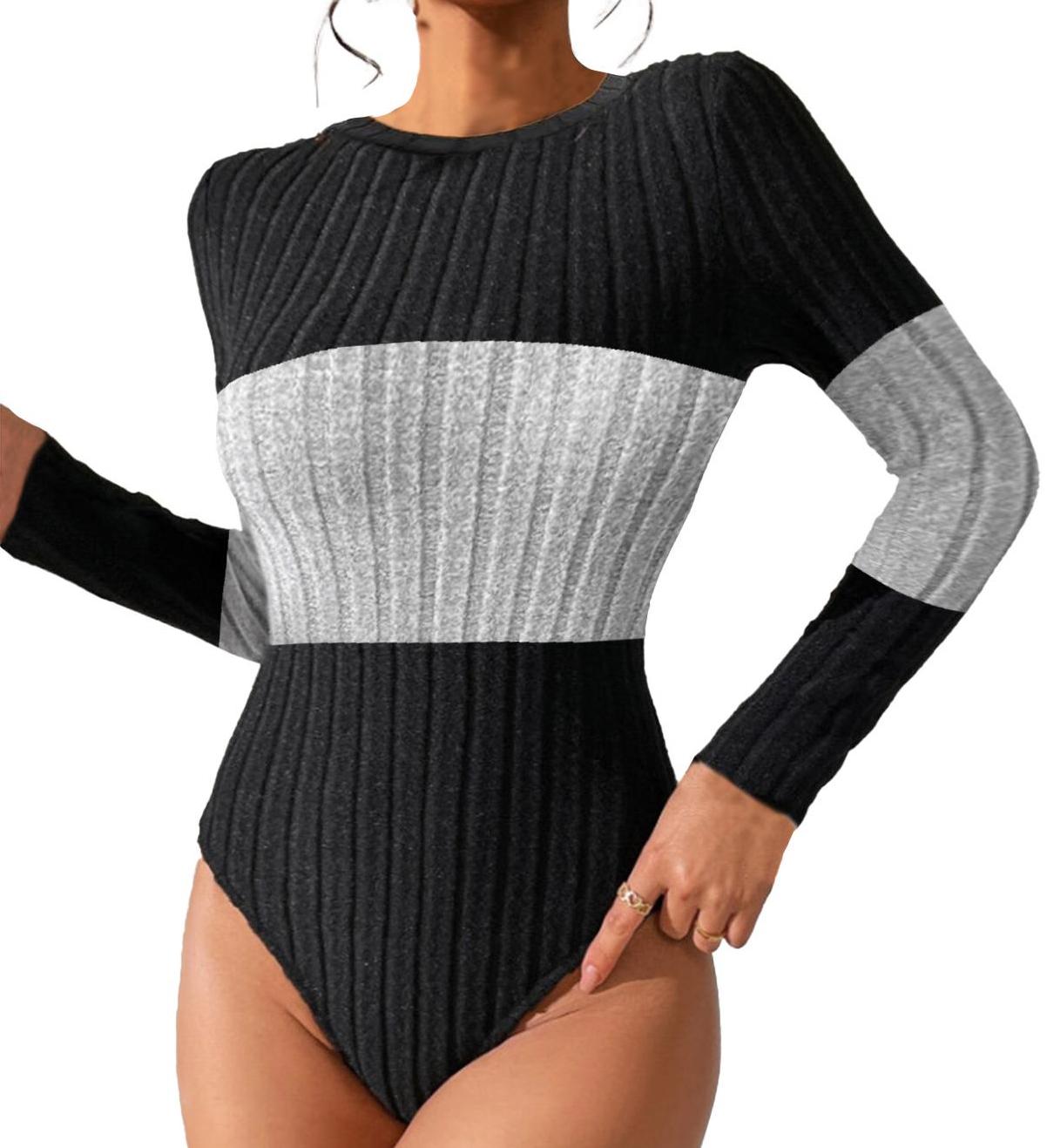 Womens Bodysuit Tummy Control Body Suit Long Sleeve Crew Neck Ribbed Color Block Shirt Tops Black Grey