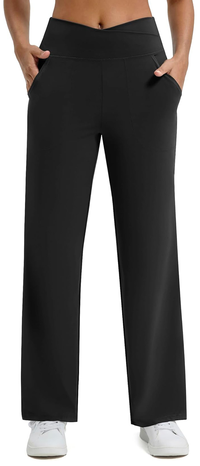 Womens Yoga Pants Wide Leg Pants Work Lounge Pants Crossover High Waisted Loose Casual with Pockets