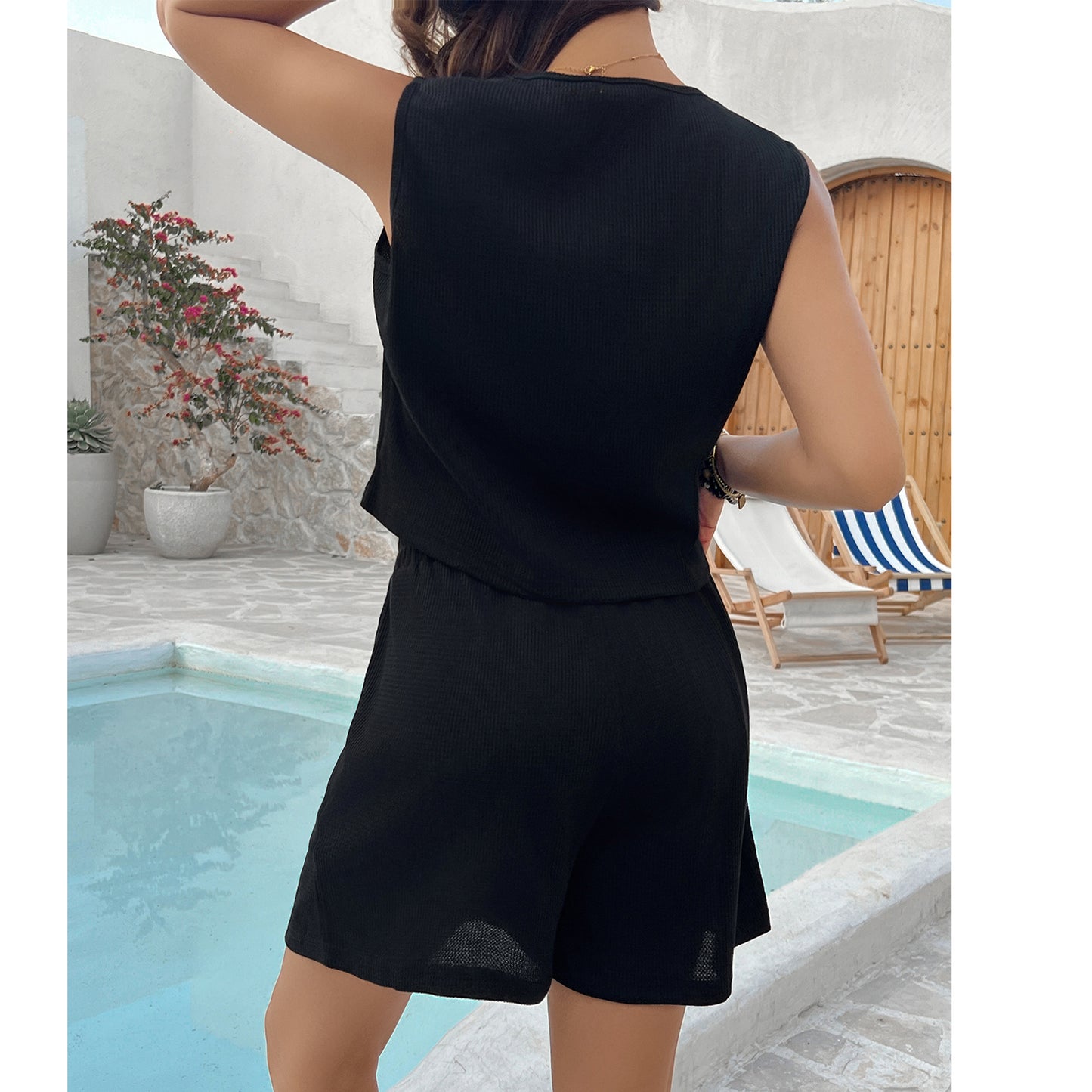 Women's Lounge Set 2-Piece Shorts Outfit Square Collar Vest Top Shirts High-Waisted Shorts with Pockets Loungewear Summer Black