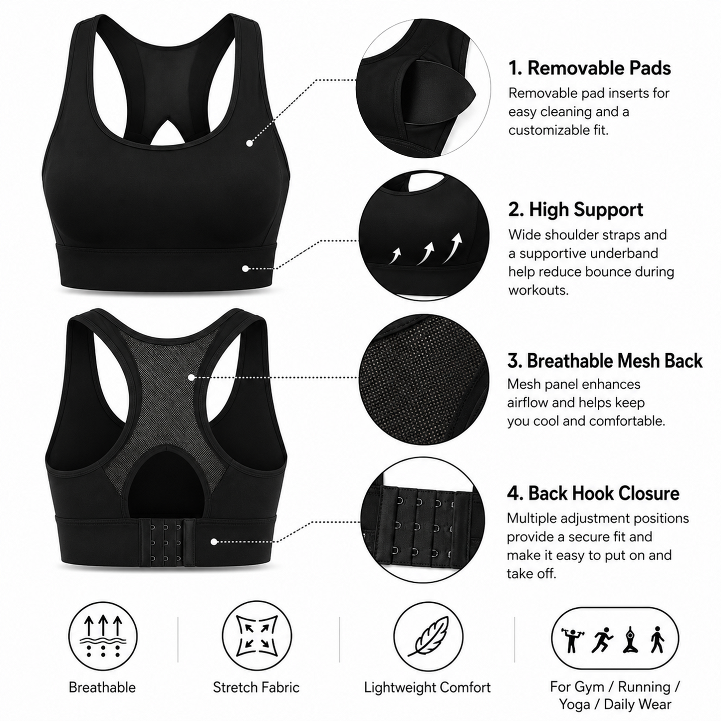 Women's Sports Yoga Bra High Impact Support Workout RunningTank Cropped Bra No Underwire full Coverage Padded with Removable Cups Back Medium Support Mesh Back Bra