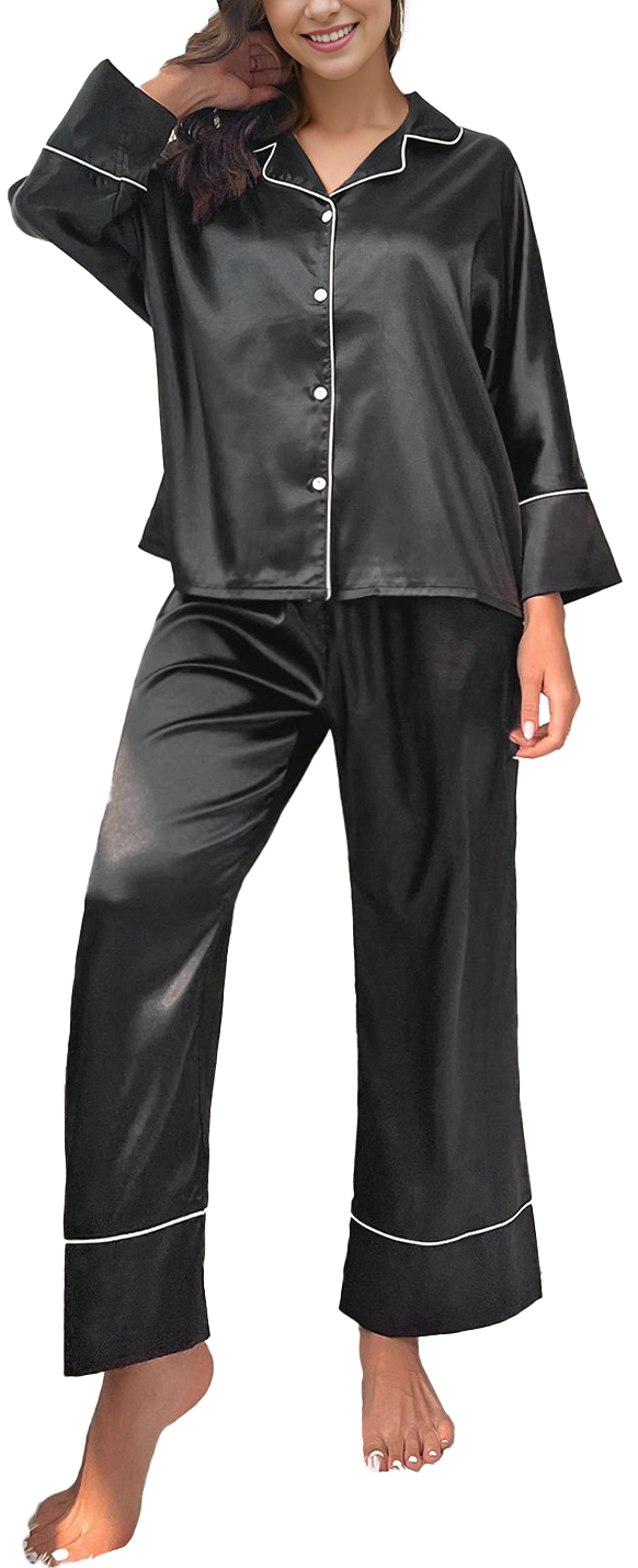 MLDRA Womens Pajamas Sets Long Sleeve Satin Pjs Silk Loungewear Button Down Shirt Long Pants Nightwear