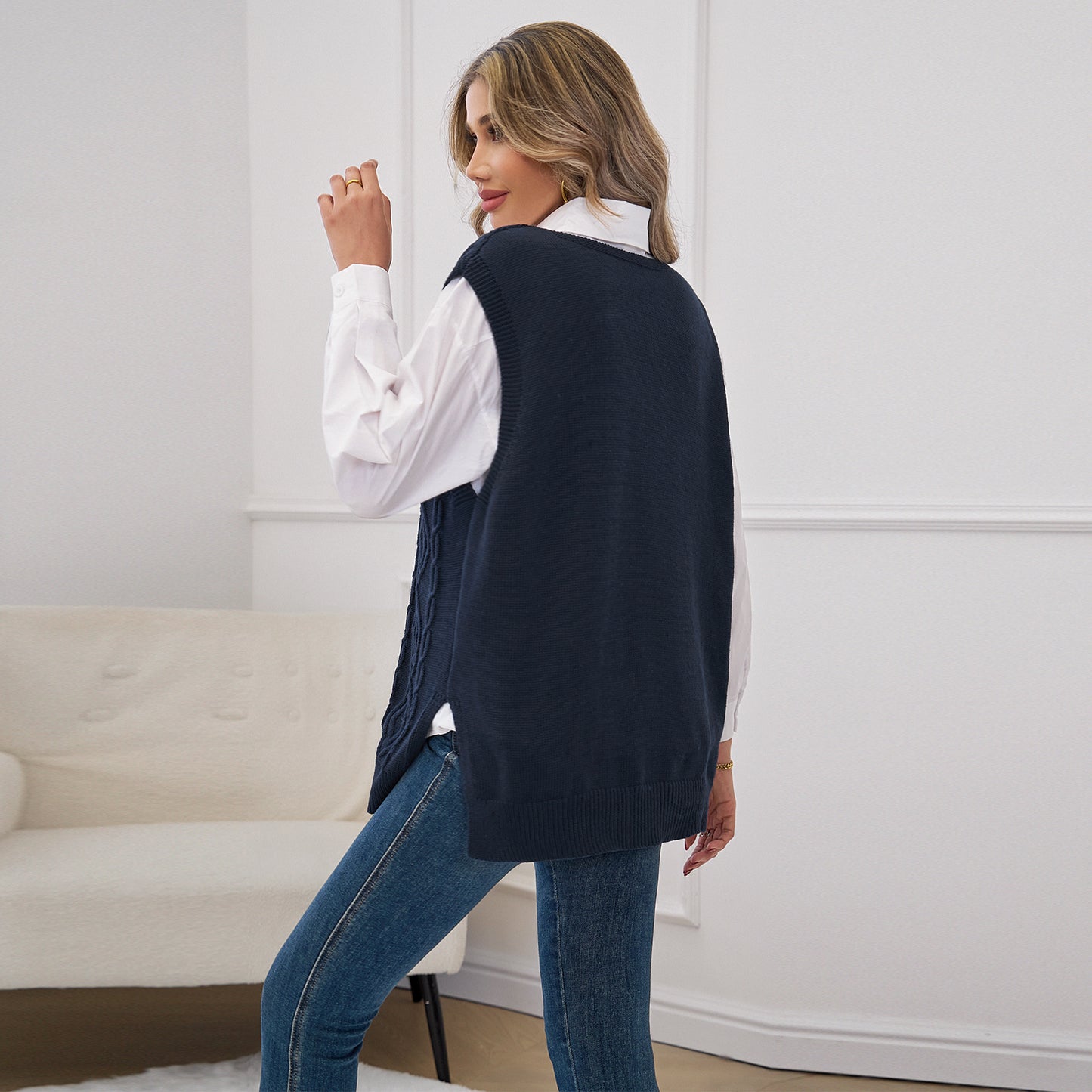 MLDRA Womens Sweater Vest Knitted V Neck Sleeveless Pullover Knitwear Waistcoat Vintage Solid Top