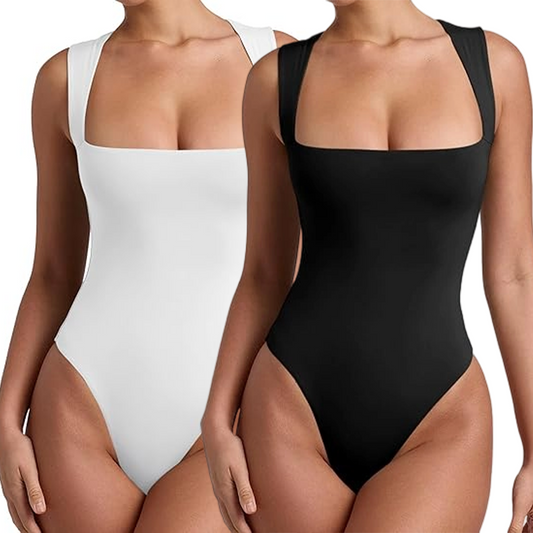 MLDRA Body Suits for Womens 2 Piece Sleeveless One Piece Square Neck Bodysuit Tummy Control Tank Tops Black+White