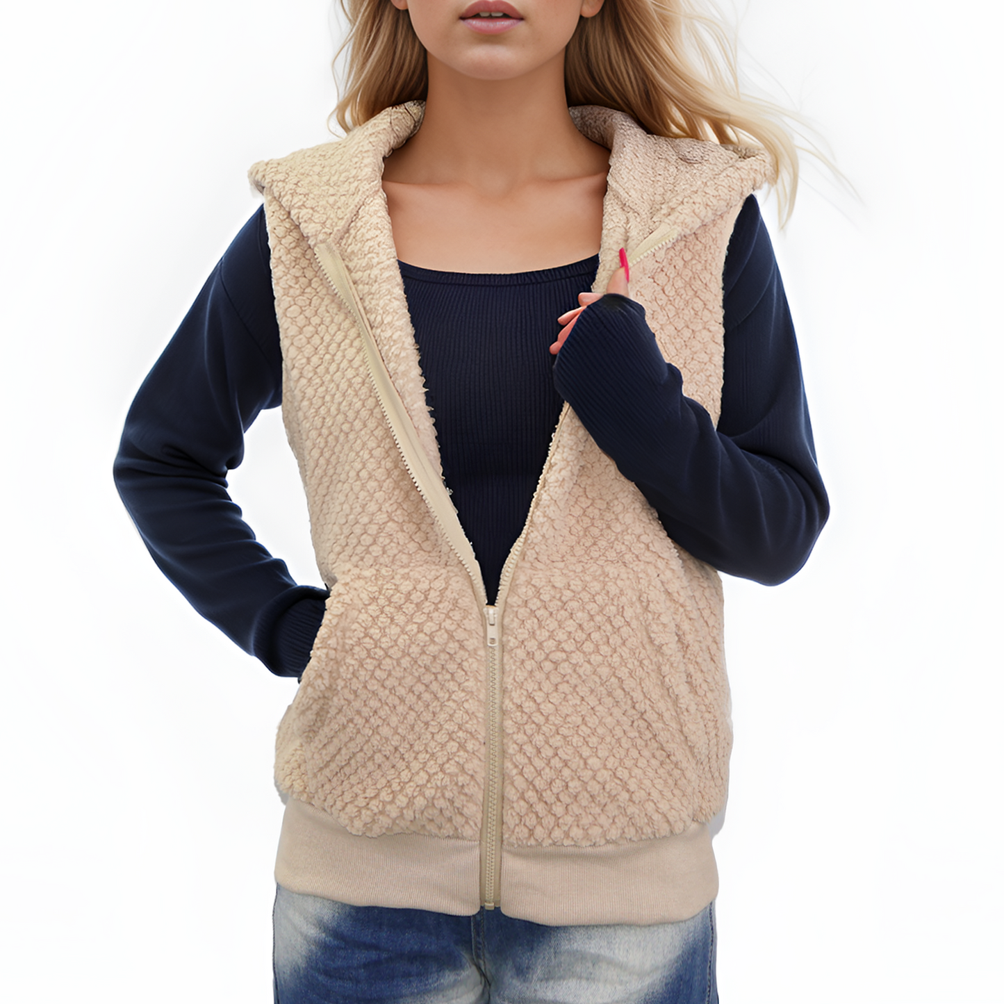 Womens Vest Sherpa Jacket Cardigan Fuzzy Fleece Cardigan Furry Sleeveless Top with Zipper Pockets Warm Cozy Gilet Outerwear