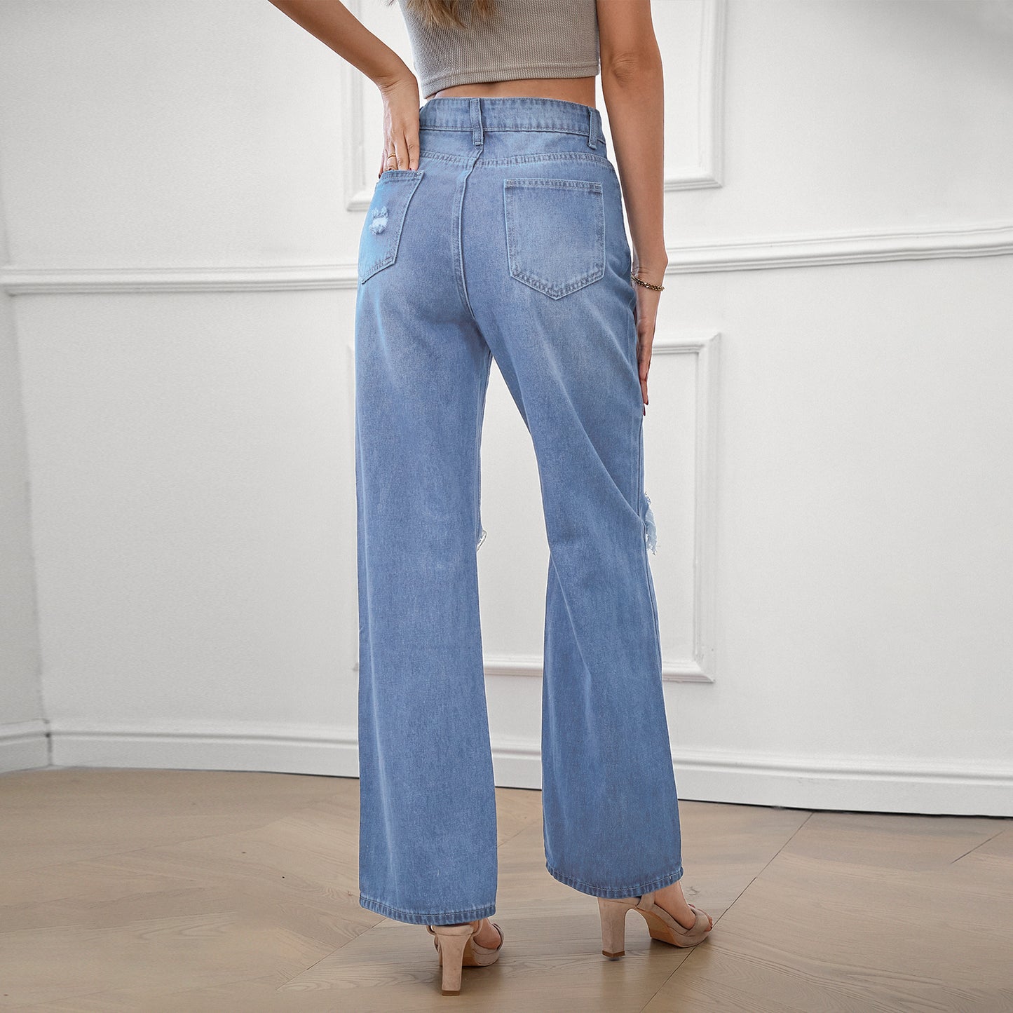Womens Jeans Ripped Denim Pants Wide Leg Baggy Boyfriend Streetwear Long Denim Trousers