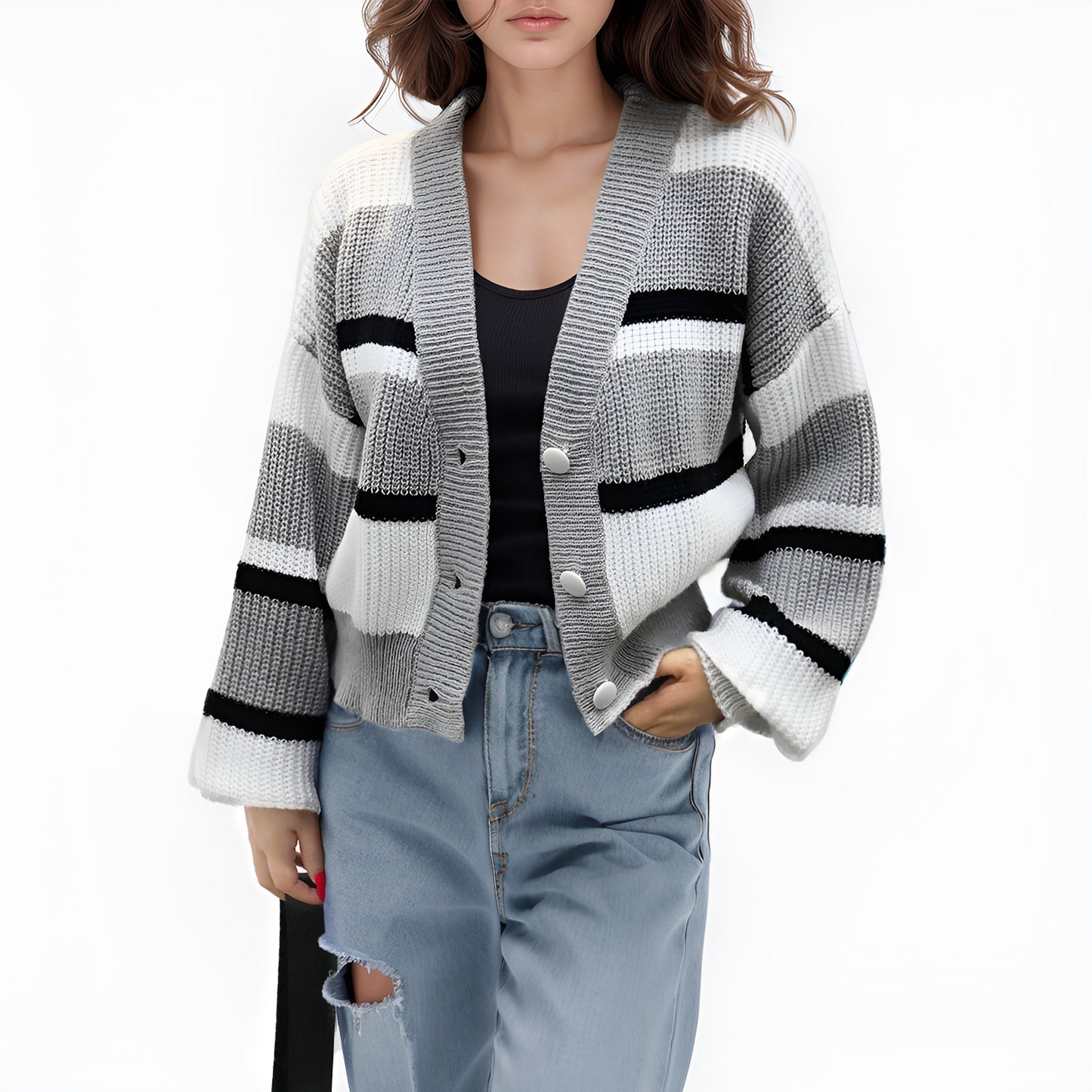 MLDRA Women's Fall Long Sleeve Knitwear Open Front V Neck Button Down Striped Cardigan Sweater Coat