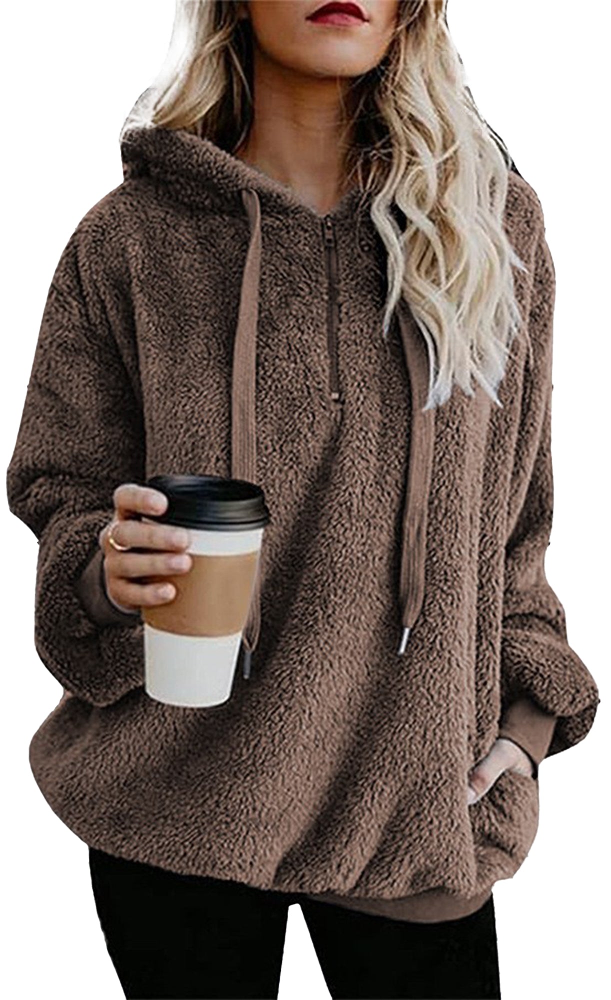 Womens Fleece Hoodie Sweatshirt Long Sleeve Solid Fall Pullover with Drawstring Pocket Faux Fur Zip Flannel Warm Casual Tops