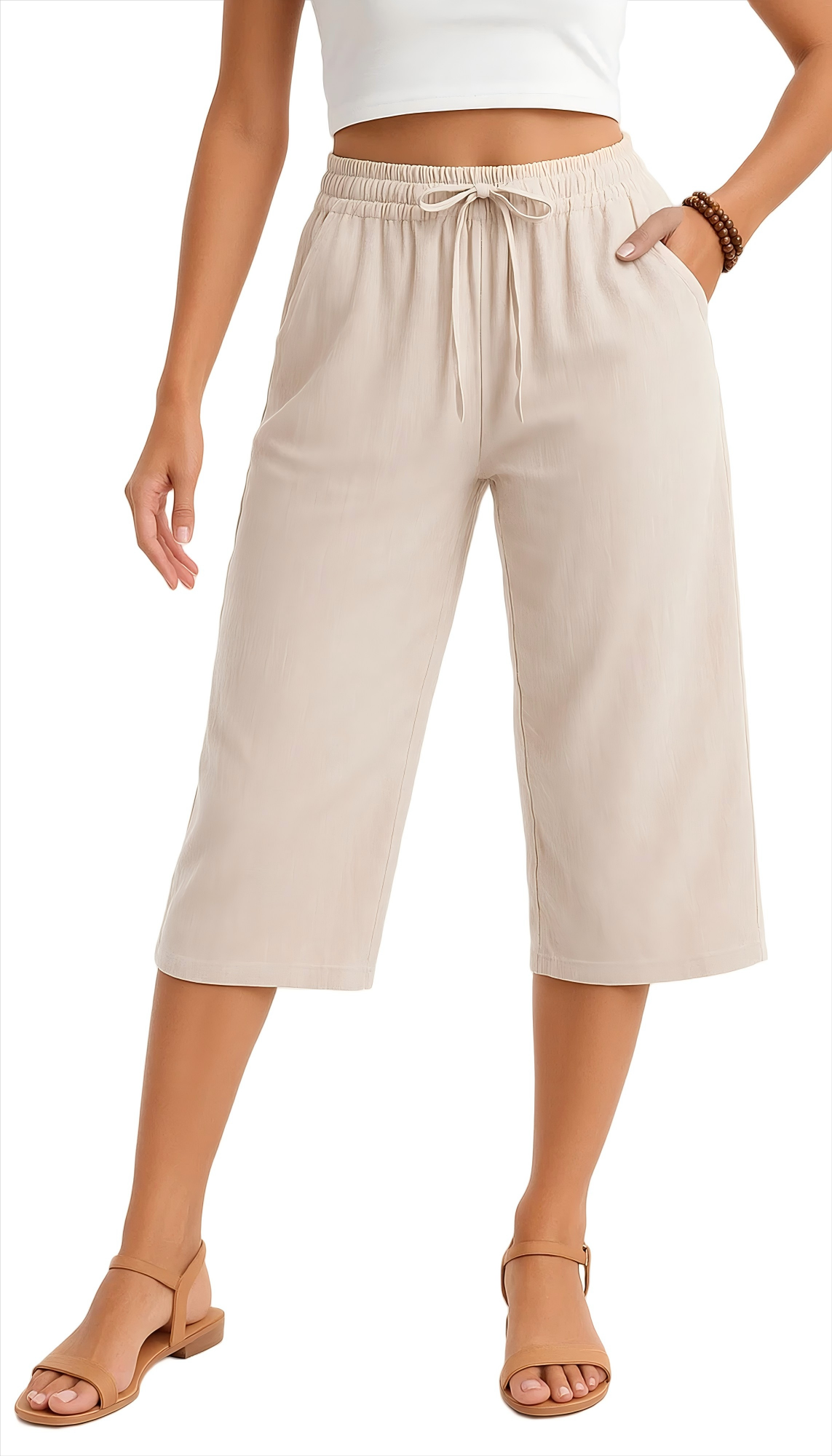 MLDRA Women’s Linen Capri Pants Cropped Wide Leg Palazzo Yoga Casual Pants Elastic Waist Loose Fit with Pockets Summer