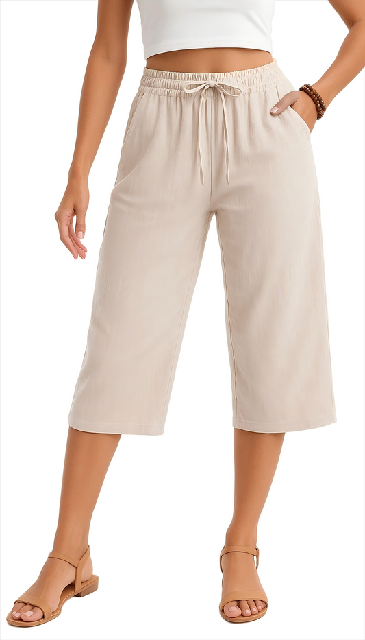 MLDRA Women’s Linen Capri Pants Cropped Wide Leg Palazzo Yoga Casual Pants Elastic Waist Loose Fit with Pockets Summer