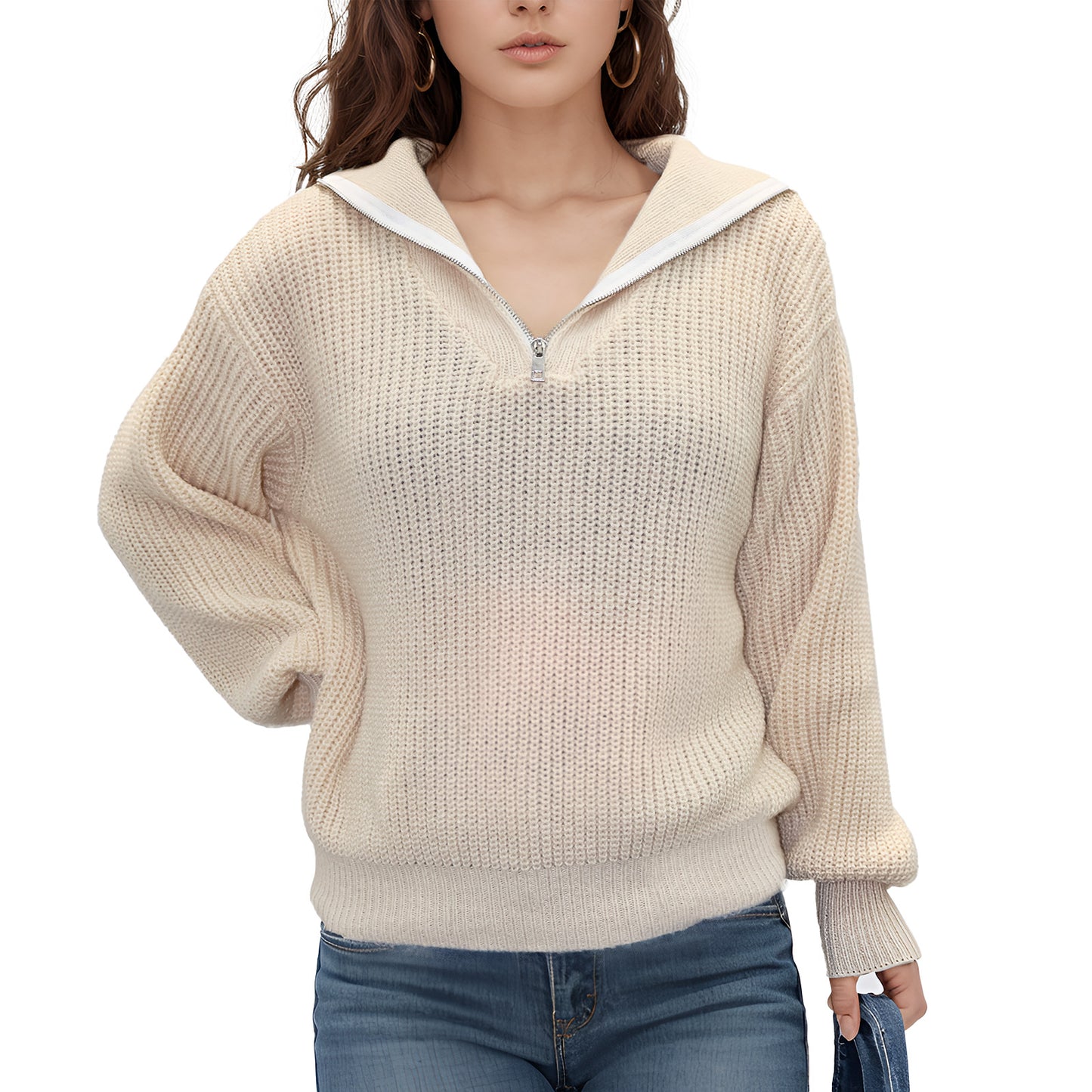 MLDRA Women's Sweaters Knit Pullover V-Neck Quarter Zip Long Sleeve Tops with Collars Knitwear