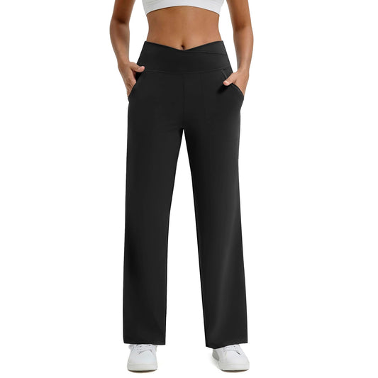 Womens Yoga Pants Wide Leg Pants Work Lounge Pants Crossover High Waisted Loose Casual with Pockets