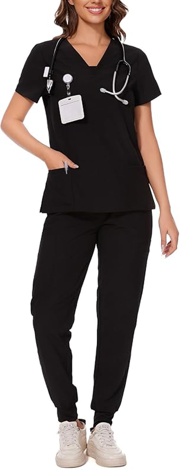 MLDRA Scrub Suit Set Uniform for Women and Man Modern V-neck Scrub Top Tapered Leg Jogger Pants Multiple pockets Nursing Set