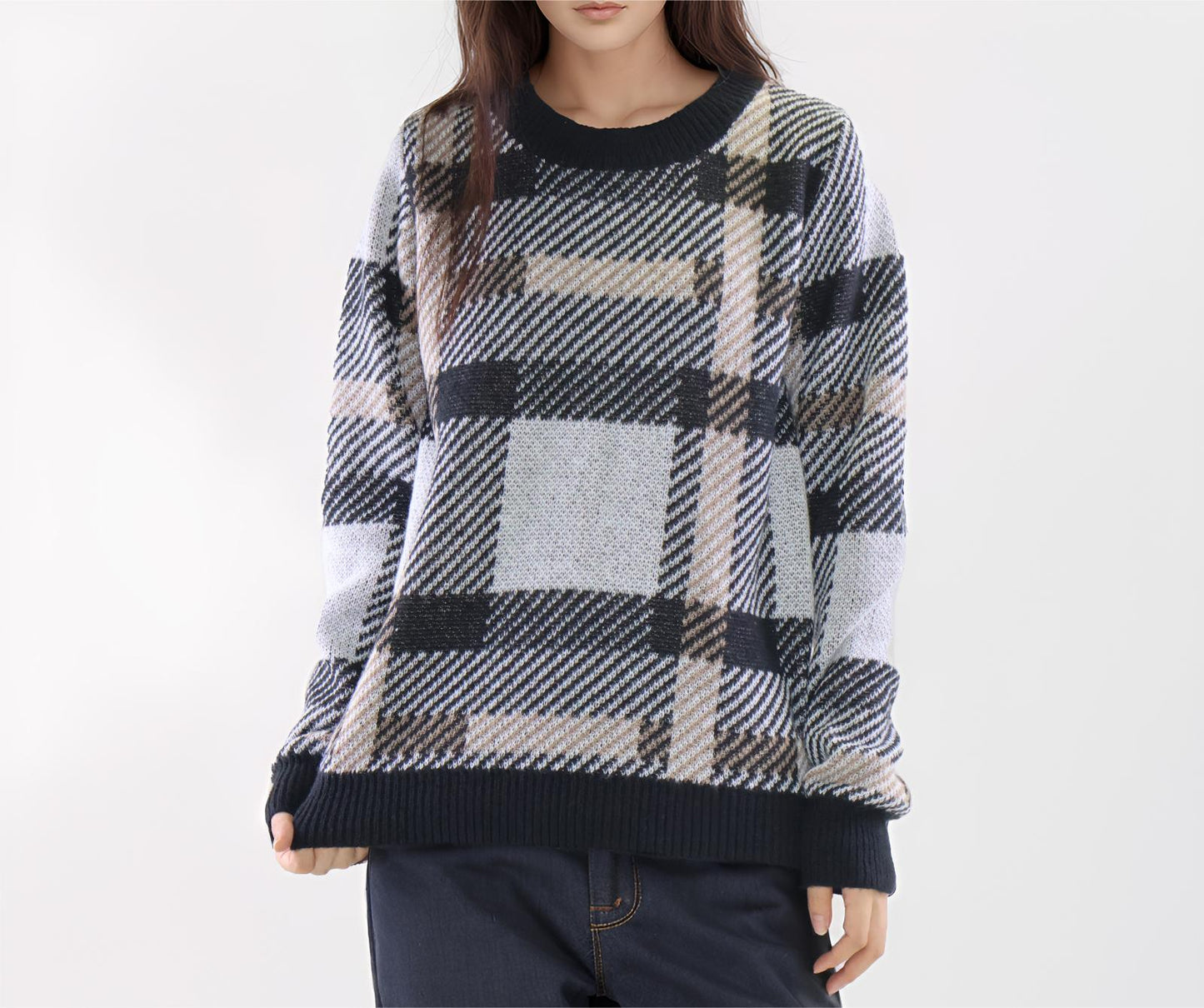 Womens Sweaters Plaid Knit Long Sleeve Crewneck Color Block Casual Pullover Top Clothes