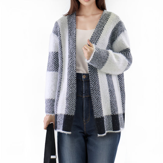 MLDRA Womens Cardigan Sweaters Open Front Color Block Stripe Long Sleeve Loose Knitted Casual Coats