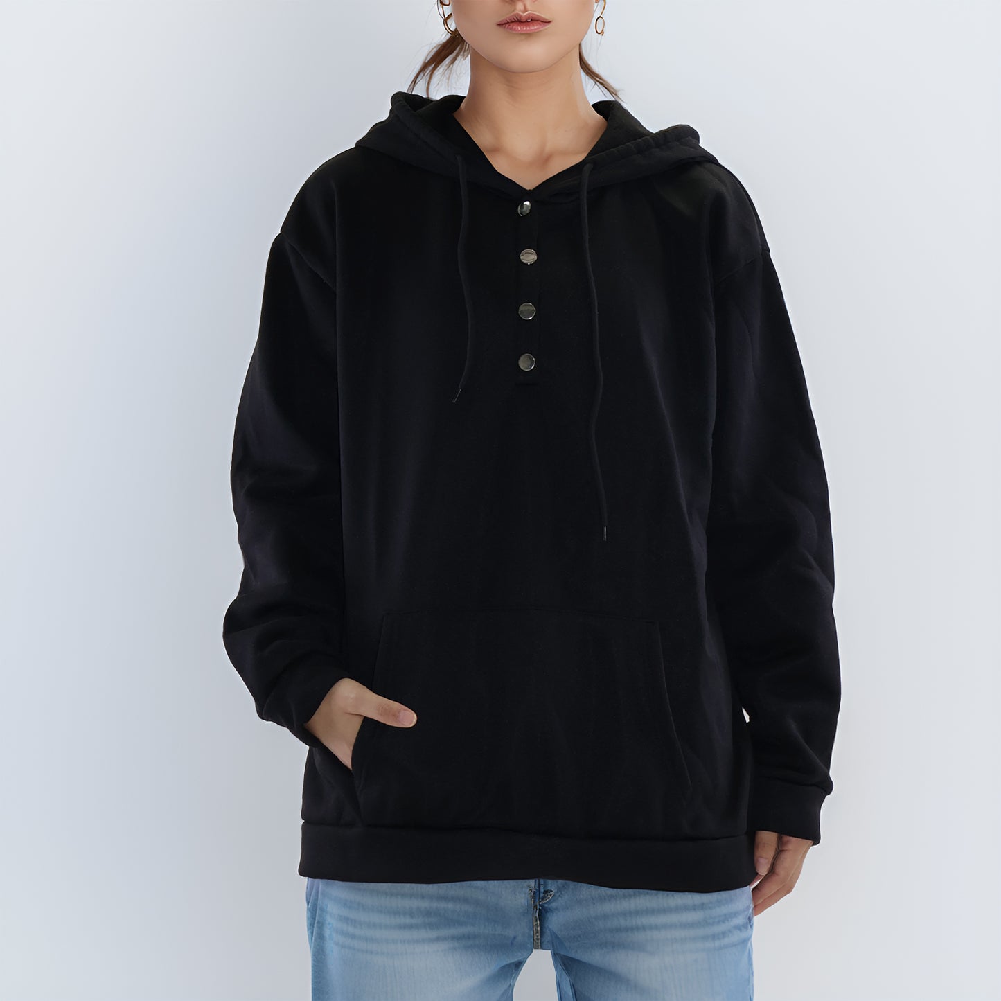 MLDRA Womens Hoodies Sweatshirts V Neck Long Sleeve Button Down Pullover Top Drawstring with Pocket