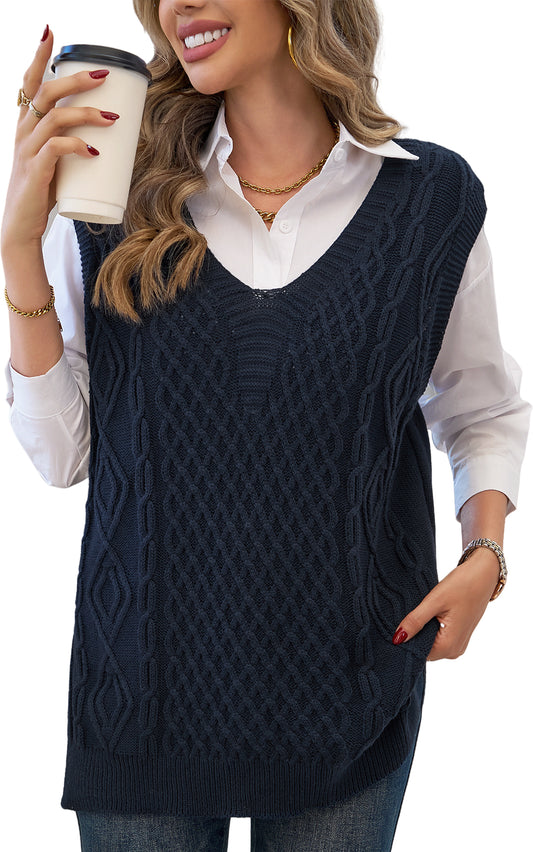 MLDRA Womens Sweater Vest Knitted V Neck Sleeveless Pullover Knitwear Waistcoat Vintage Solid Top