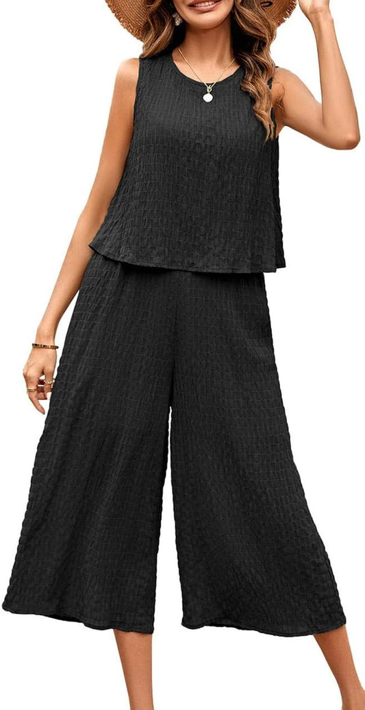 MLDRA Women's 2-Piece Capri Sets Beach Lounge Sets Summer Vacation Travel Going Out Outfit Sleeveless Crop Tank Top Wide-Leg Dressy Palazzo Crop Pants Suit Black