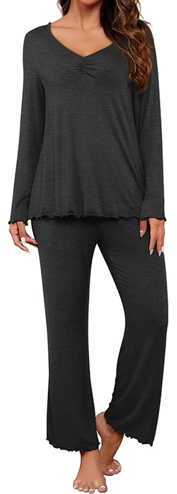 MLDRA Womens Pajamas Set Pjs Long Sleeve Deep V Neck Tops with Long Pants Lounge Sleepwear 2 Piece