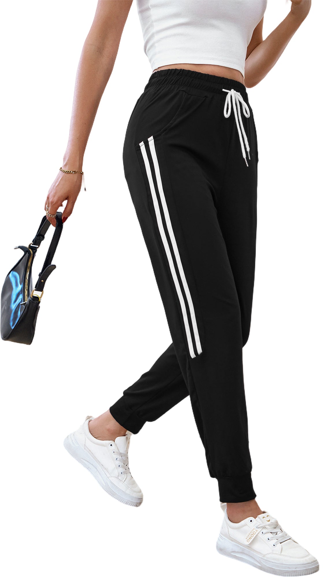 Womens Sweatpants Joggers with Pockets Lady Athletic Gym Lounge Pants Side Stripe for Workout Running Black
