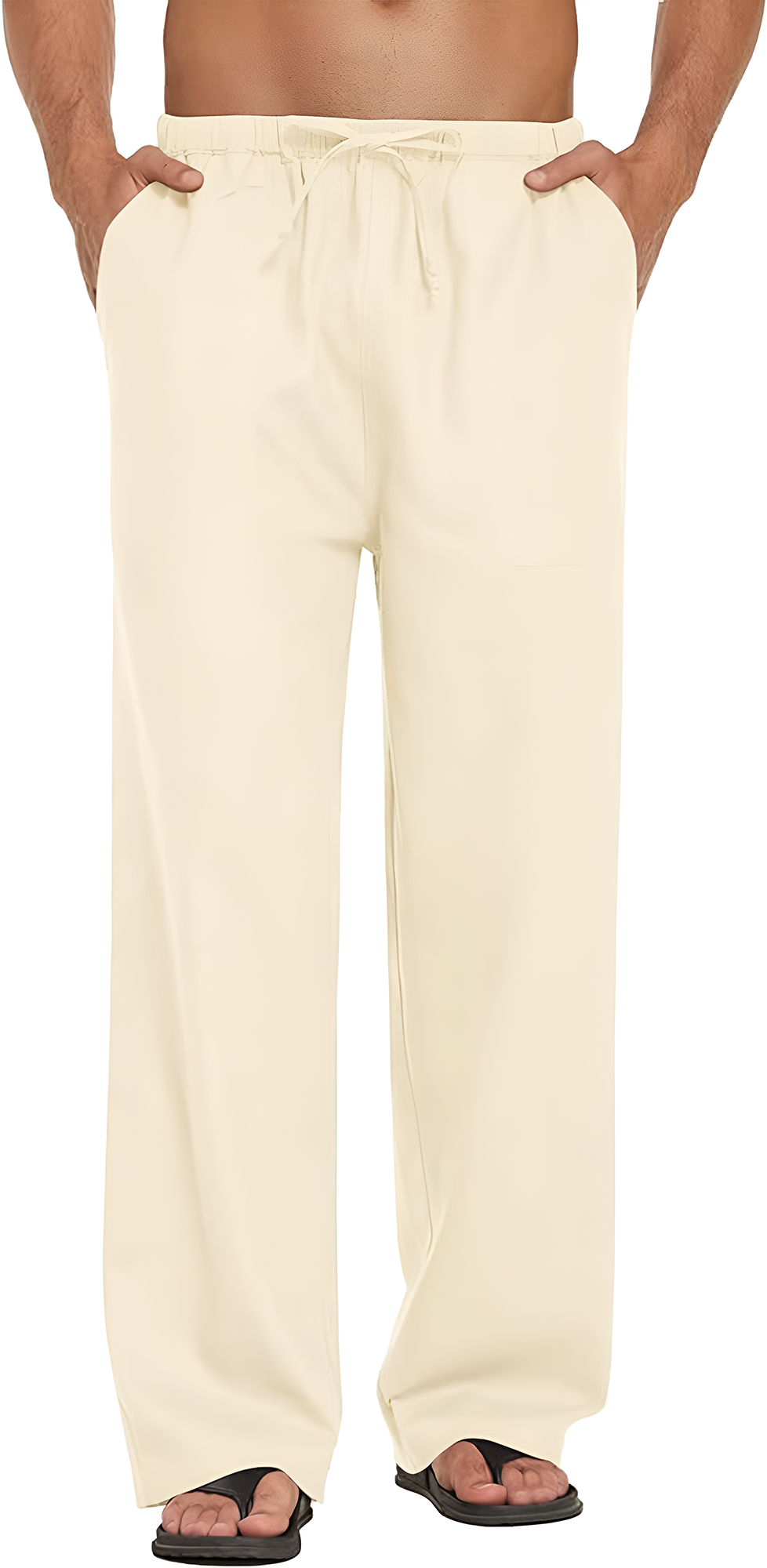 Men's Linen Pants Drawstring Slim Fit Elastic Waist Wide Leg Trousers Lightweight Beach Summer Pants