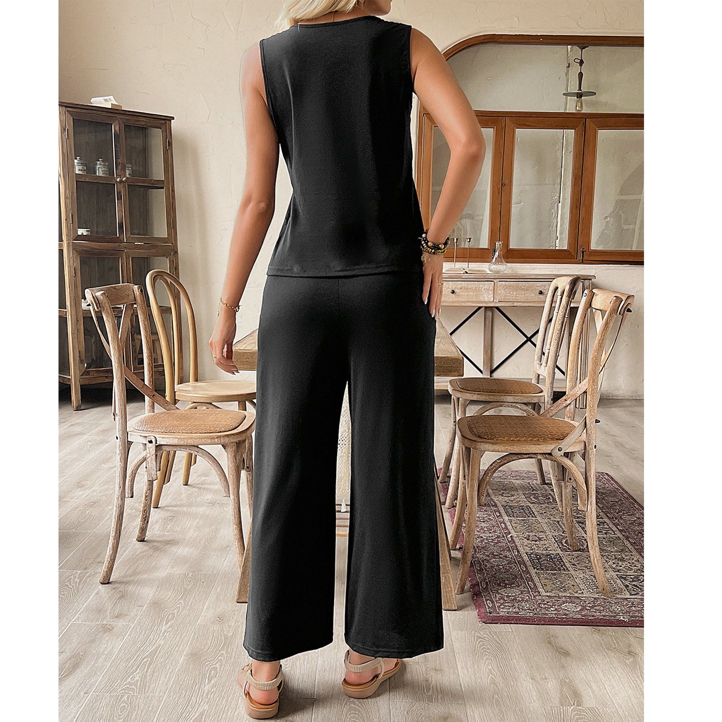 Women's Two-Piece Lounge Set Summer Beach Suit Vacation Travel Going Out Outfit Sleeveless Tank Vest Top High Waist Wide Leg Pants Sexy Leisure Set Black