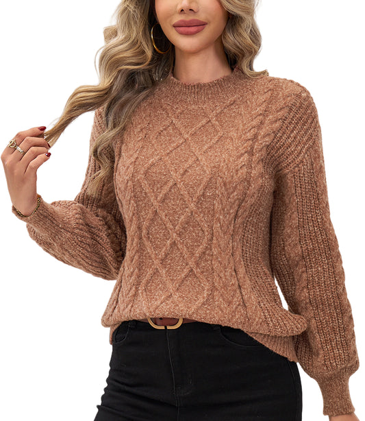 Womens Sweaters Cable Knit Long Lantern Sleeve Crewneck Vintage Pullover Tops Clothes