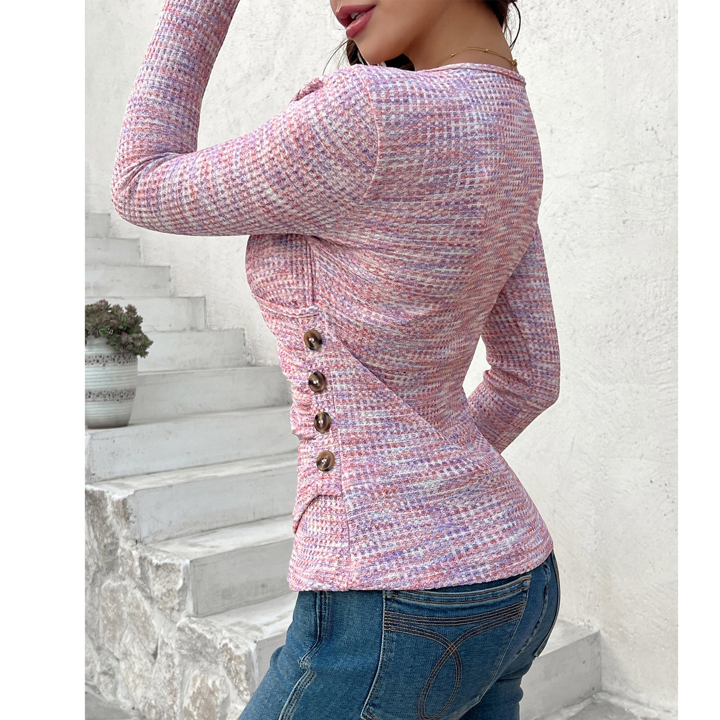 Fall Tops for Women T Shirts V-Neck Long Sleeve Fashion Plain Button Design Casual Slim Fit Tee Tunic Tops