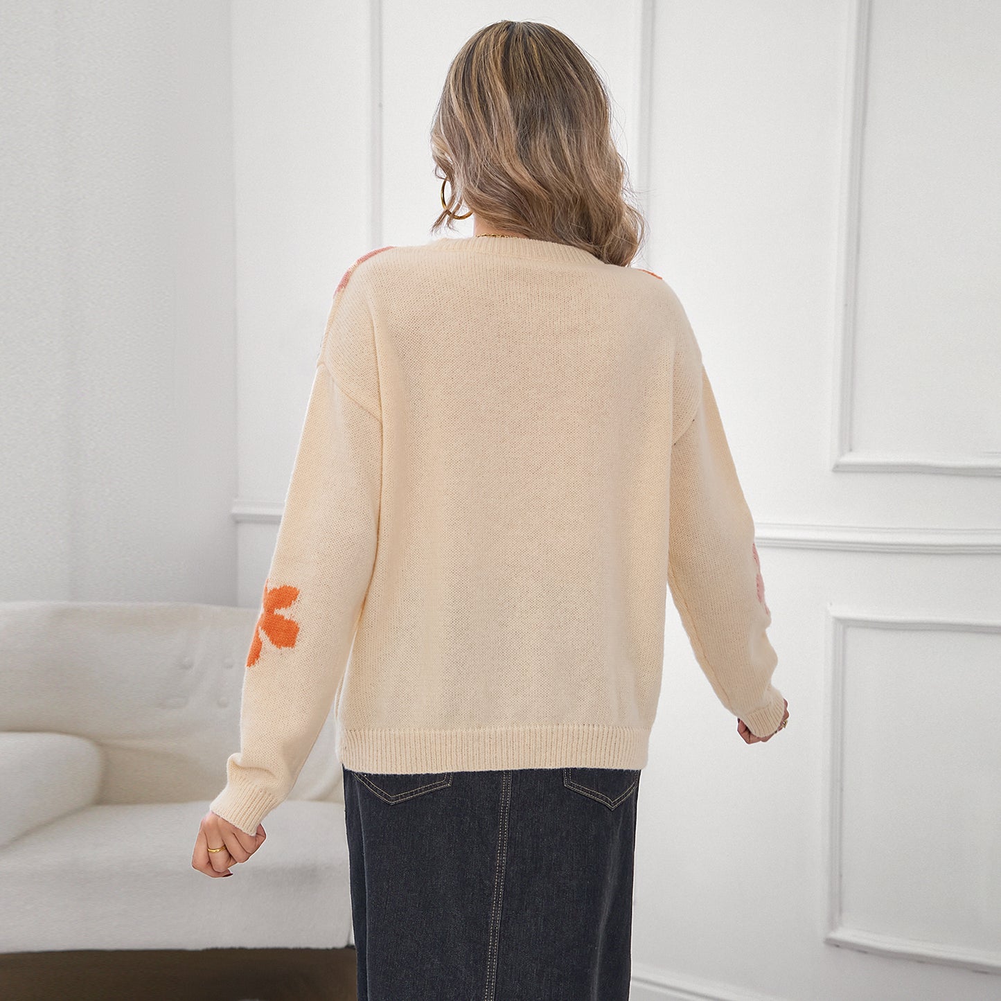Womens Sweaters Long Sleeve Crewneck Floral Pattern Knit Casual Drop Shoulder Pullover Tops