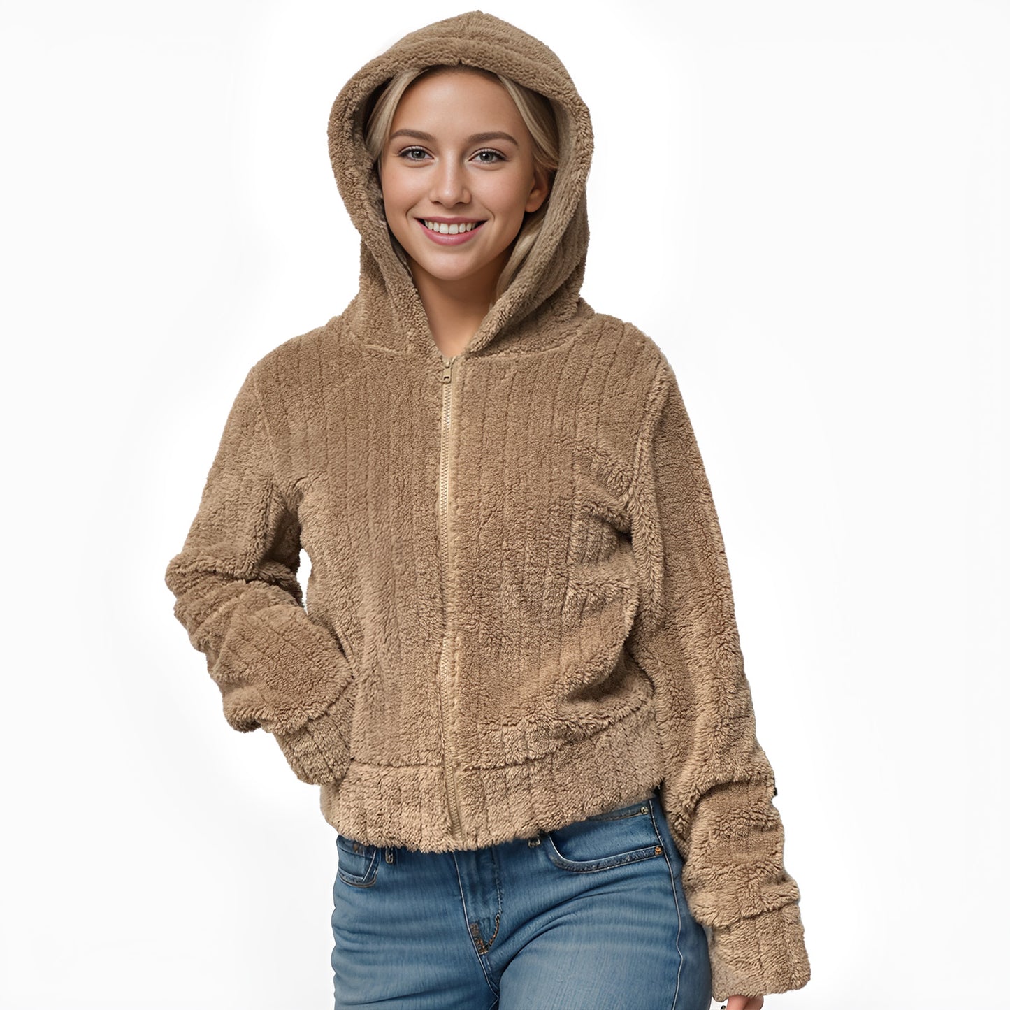 MLDRA Women's Jacket Faux Fur Winter Coat Hoodie Fleece Long Sleeve with Zip Up Warm with Pockets