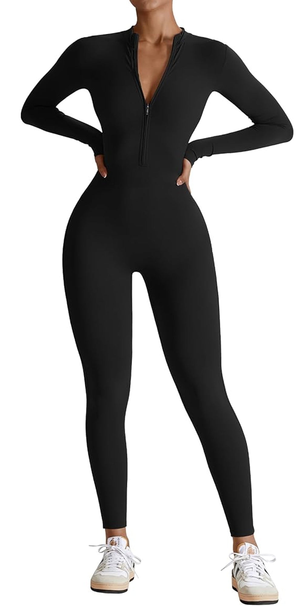 MLDRA Women Jumpsuit Yoga Bodycon Long Sleeve Zip Up One Piece Bodysuit Romper Bottom Pants Workout Sexy Activewear